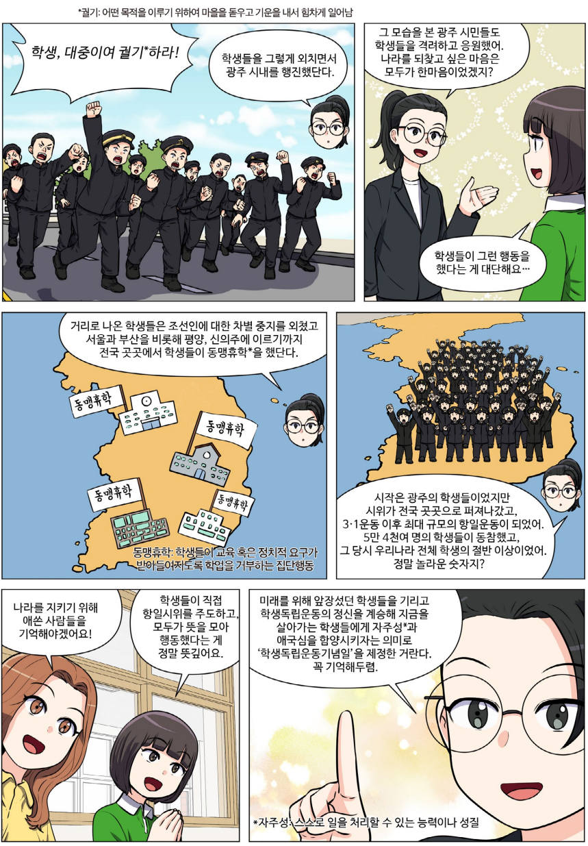 학생, 대중이여 궐기하라! 학생들은 그렇게 외치면서 광주 시내를 행진했단다. 궐기. 어떤 목적을 이루기 위하여 마음을 돋우고 기운을 내서 힘차게 일어남. 그 모습을 본 광주 시민들도 학생들을 격려하고 응원했어. 나라를 되찾고 싶은 마음은 모두가 한마음이었겠지? 학생들이 그런 행동을 했다는 게 대단해요... 거리로 나온 학생들은 조선인에 대한 차별 중지를 외쳤고 서울과 부산을 비롯해 평양, 신의주에 이르기까지 전국 곳곳에서 학생들이 동맹휴학을 했단다. 동맹휴학. 학생들이 교육 혹은 정치적 요구가 받아들여지도록 학업을 거부하는 집단행동. 시작은 광주의 학생들이었지만 시위가 전국 곳곳으로 퍼져나갔고, 3·1운동 이후 최대 규모의 항일운동이 되었어. 5만 4천여 명의 학생들이 동참했고, 그 당시 우리나라 전체 학생의 절반 이상이었어. 정말 놀라운 숫자지? 나라를 지키기 위해 애쓴 사람들을 기억해야겠어요! 학생들이 직접 항일시위를 주도하고, 모두가 뜻을 모아 행동했다는 게 정말 뜻깊어요. 미래를 위해 앞장섰던 학생들을 기리고 학생독립운동의 정신을 계승해 지금을 살아가는 학생들에게 자주성과 애국심을 함양시키자는 의미로 학생독립운동기념일을 제정한 거란다. 꼭 기억해두렴. 자주성. 스스로 일을 처리할 수 있는 능력이나 성질.